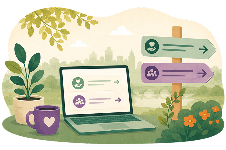 Laptop and signpost to illustrate online support signposting