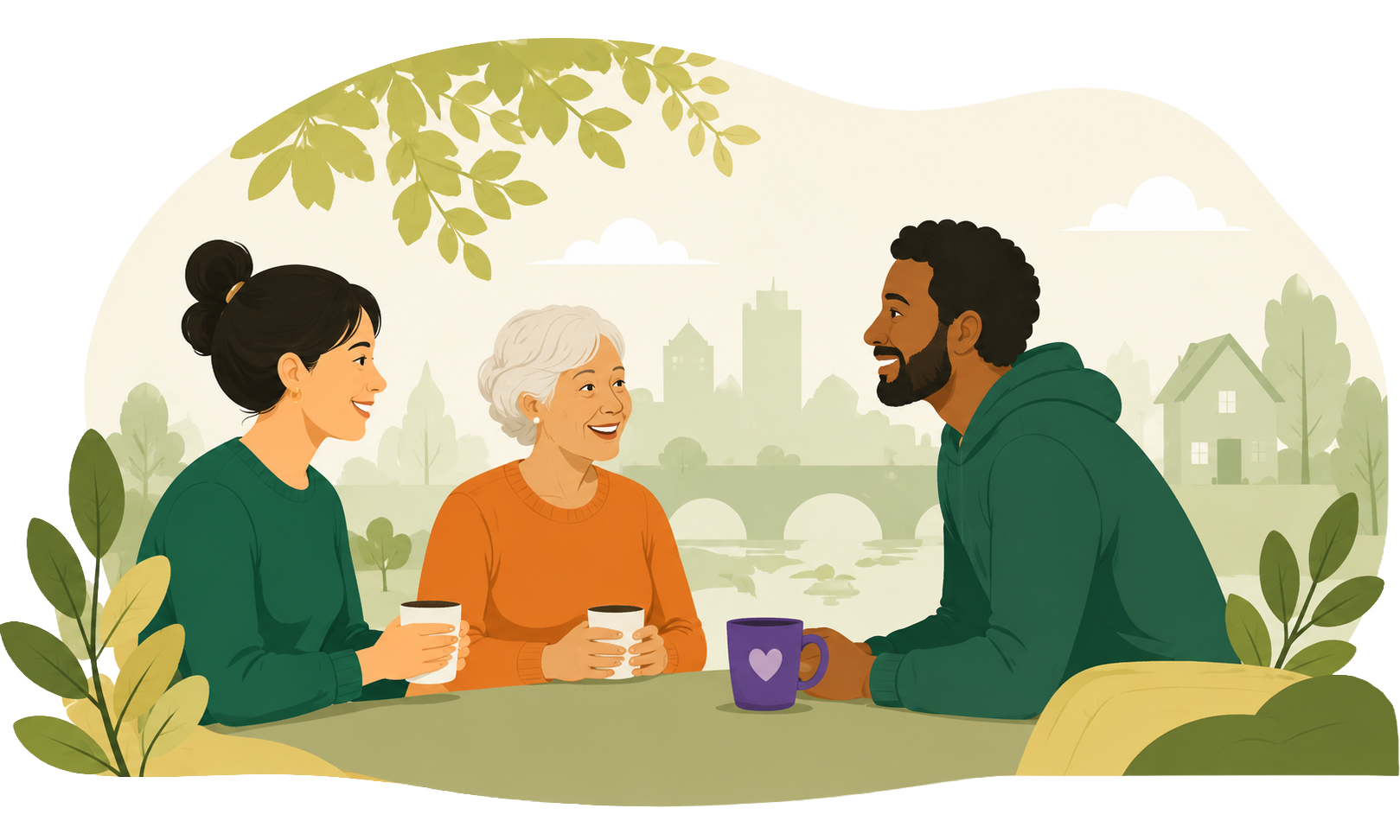 An illustration of 2 women and a man chatting while drinking tea