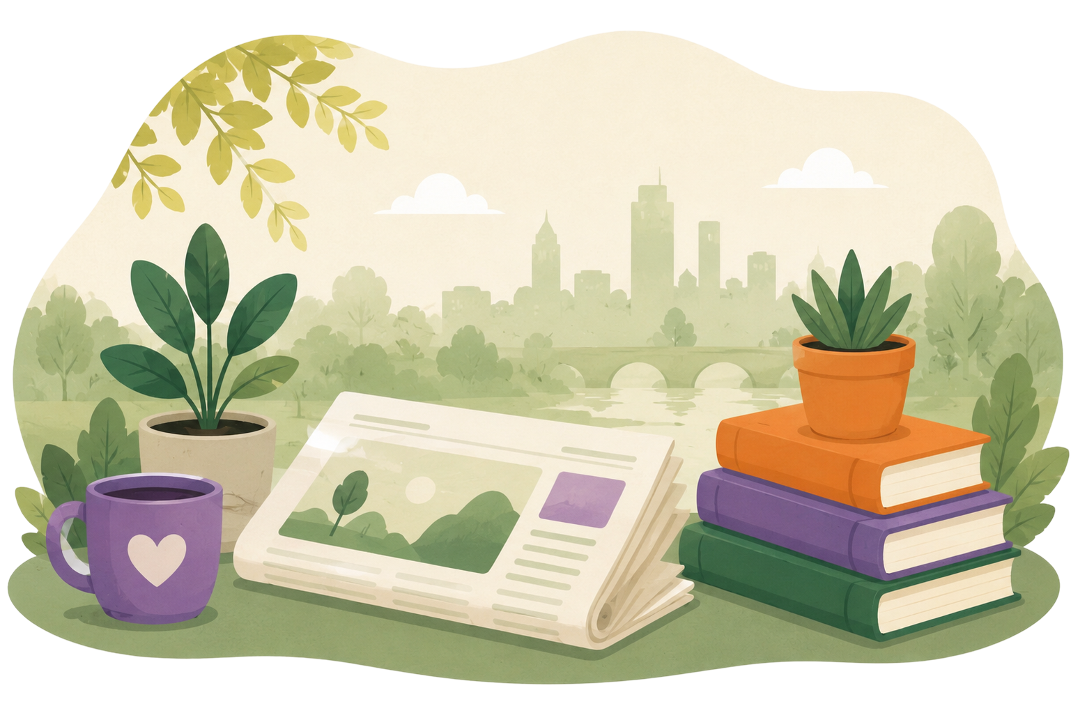 Illustration of a newspaper and pile of books