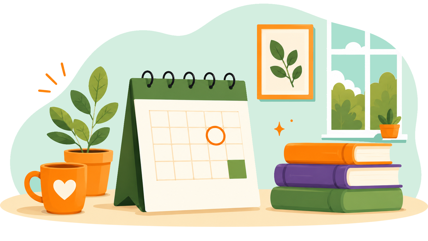 Illustration of a calendar and pile of books on a desk