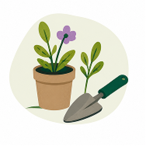 illustration of plant pot and trowel